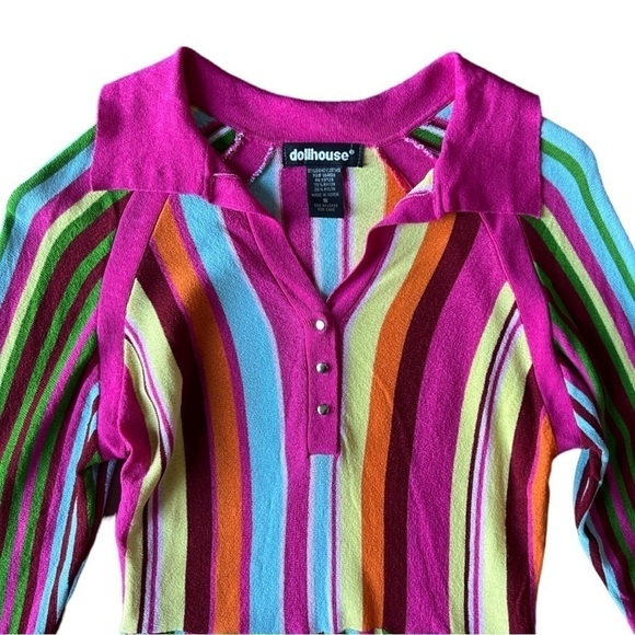 Dollhouse Women’s Retro 70s Barbie Style Multicolor Striped Collared Top, Small - Picture 2 of 9